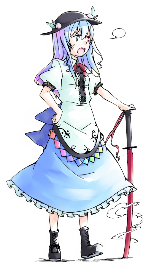 sakuraba yuuki, hinanawi tenshi, touhou, fume, 1girl, angry, blue hair, boots, female focus, food, fruit, hand on own hip, hat, open mouth, peach, red eyes, solo, sword, sword of hisou, weapon