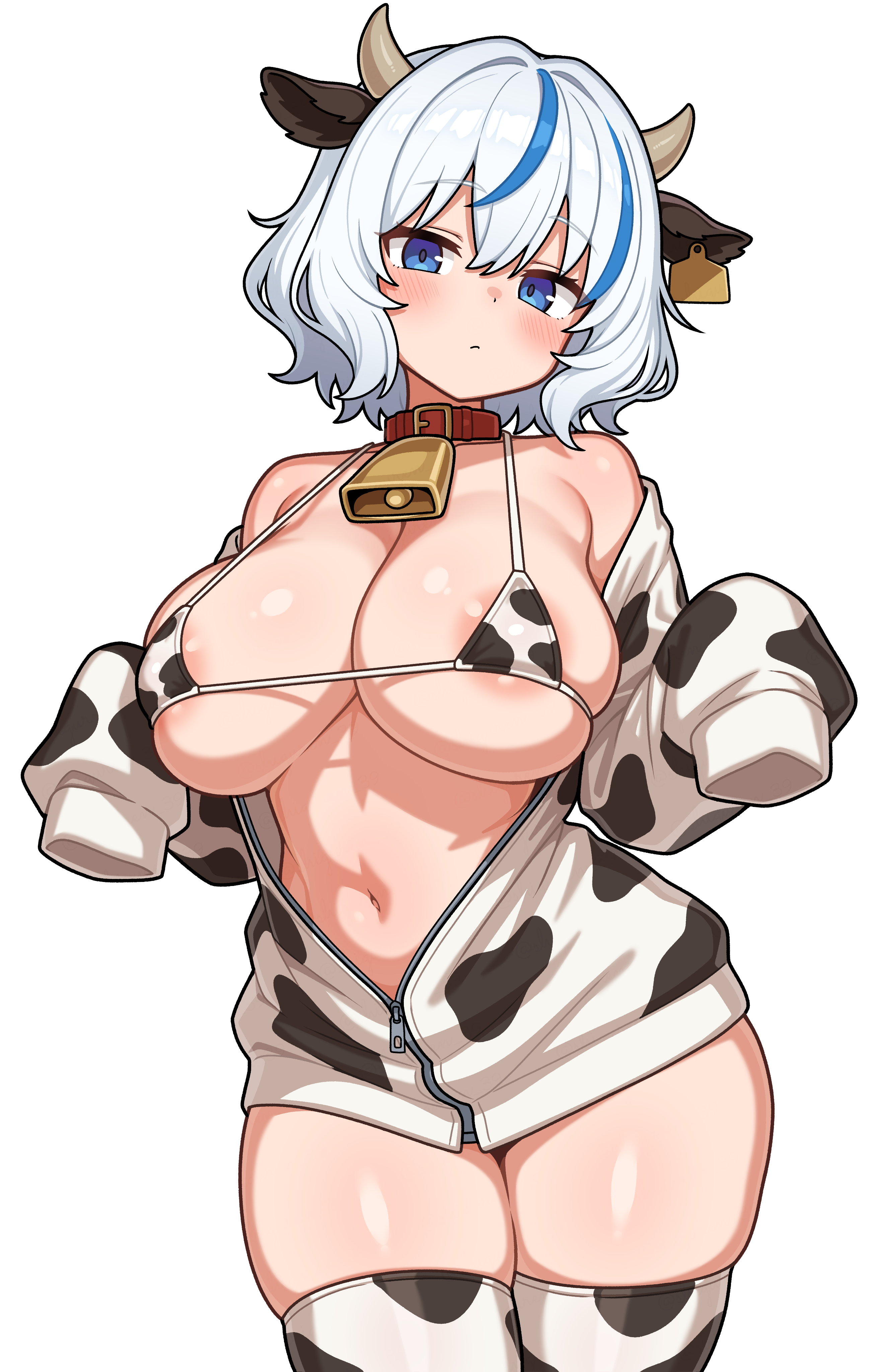 shiguren 39, original, absurdres, commentary request, highres, 1girl, animal ears, animal print, areola slip, bell, belt collar, bikini, blue eyes, blue hair, blush, breasts, closed mouth, collar, cow ears, cow girl, cow horns, cow print, cow print bikini, cow print jacket, cow print thighhighs, cowbell, cowboy shot, ear tag, horns, huge breasts, jacket, long sleeves, looking at viewer, micro bikini, multicolored hair, navel, partially unzipped, print bikini, print jacket, print thighhighs, puffy long sleeves, puffy sleeves, red collar, short hair, simple background, skindentation, sleeves past fingers, sleeves past wrists, solo, streaked hair, string bikini, swimsuit, thighhighs, two-tone hair, white background, white hair
