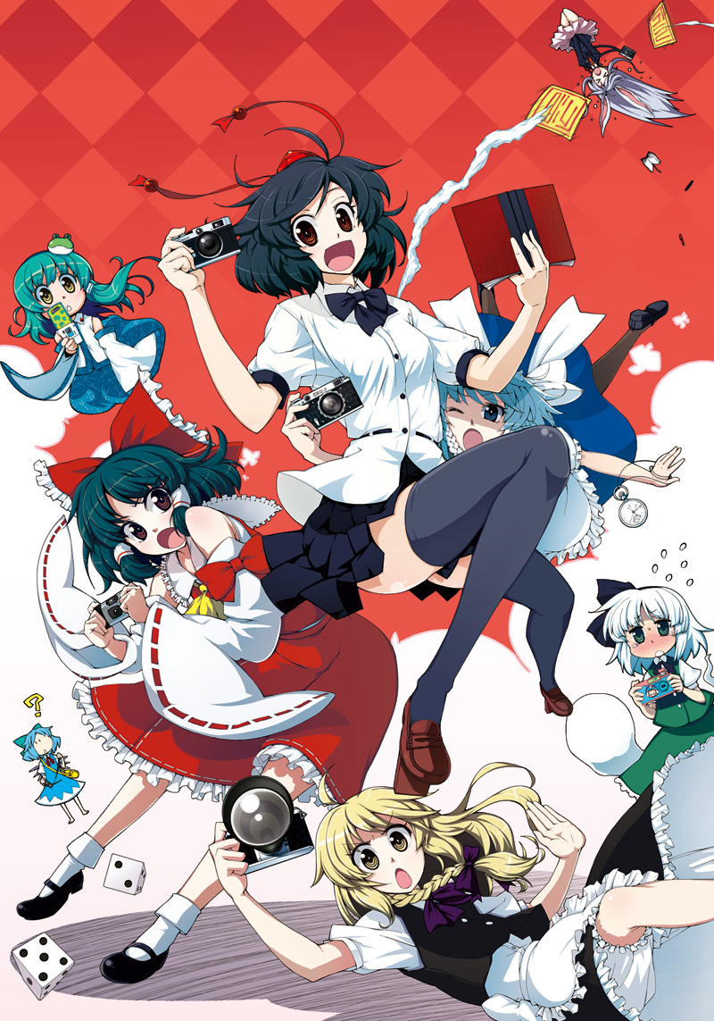 kabayaki unagi, cirno, hakurei reimu, izayoi sakuya, kirisame marisa, kochiya sanae, konpaku youmu, konpaku youmu (ghost), reisen udongein inaba, shameimaru aya, touhou, black legwear, silver hair, bad id, bad pixiv id, 6+girls, ?, animal ears, apron, argyle background, argyle clothes, black hair, blonde hair, bloomers, blue eyes, blue hair, bow, bowtie, braid, camera, cellphone, detached sleeves, dress shirt, female focus, frog hair ornament, geta, gradient background, green eyes, green hair, hair bow, hair ornament, hair tubes, hat, looking at viewer, mary janes, multiple girls, ofuda, open mouth, phone, pleated skirt, pocket watch, puffy short sleeves, puffy sleeves, purple hair, rabbit ears, red eyes, ribbon-trimmed sleeves, ribbon trim, shirt, shoes, short sleeves, side braid, skirt, skirt set, socks, tears, tengu-geta, thighhighs, tokin hat, underwear, upside-down, vest, watch, white shirt, wide sleeves, yellow eyes, zettai ryouiki
