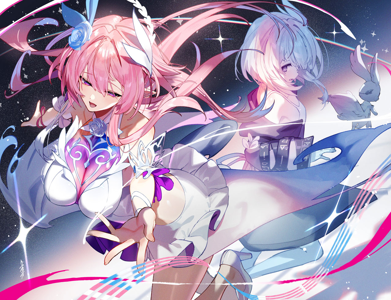 scottie (phantom2), cyrene (honkai: star rail), cyrene (ripples of past reverie) (honkai: star rail), mem (honkai: star rail), honkai: star rail, honkai (series), commentary, 2girls, bare shoulders, breasts, cyrene (aedes elysiae) (honkai: star rail), dress, dual persona, from behind, hair ornament, high heels, large breasts, long hair, multiple girls, open mouth, pink hair, pointy ears, reaching, reaching towards viewer, shoes, short hair, smile, very long hair, white dress, white shoes