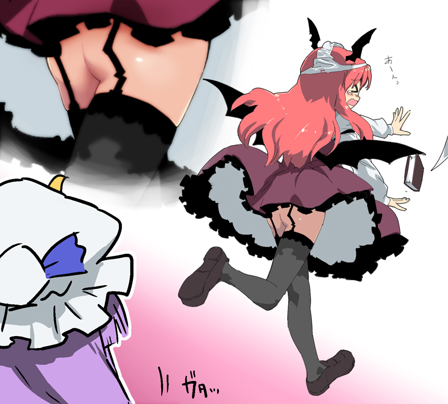 tonbi, koakuma, patchouli knowledge, embodiment of scarlet devil, touhou, bad id, bad pixiv id, > <, 2girls, ass, bonnet, book, closed eyes, dress, female focus, garter belt, hat, head wings, multiple girls, no panties, object on head, panties, panties on head, purple hair, red hair, thighhighs, underwear, wings
