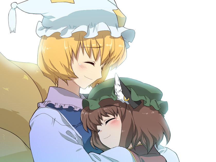 tonbi, chen, yakumo ran, touhou, bad id, bad pixiv id, 2girls, animal ears, animal hat, blonde hair, cat ears, cat girl, closed eyes, female focus, fox ears, hat, hug, mob cap, multiple girls, short hair, tassel, white background