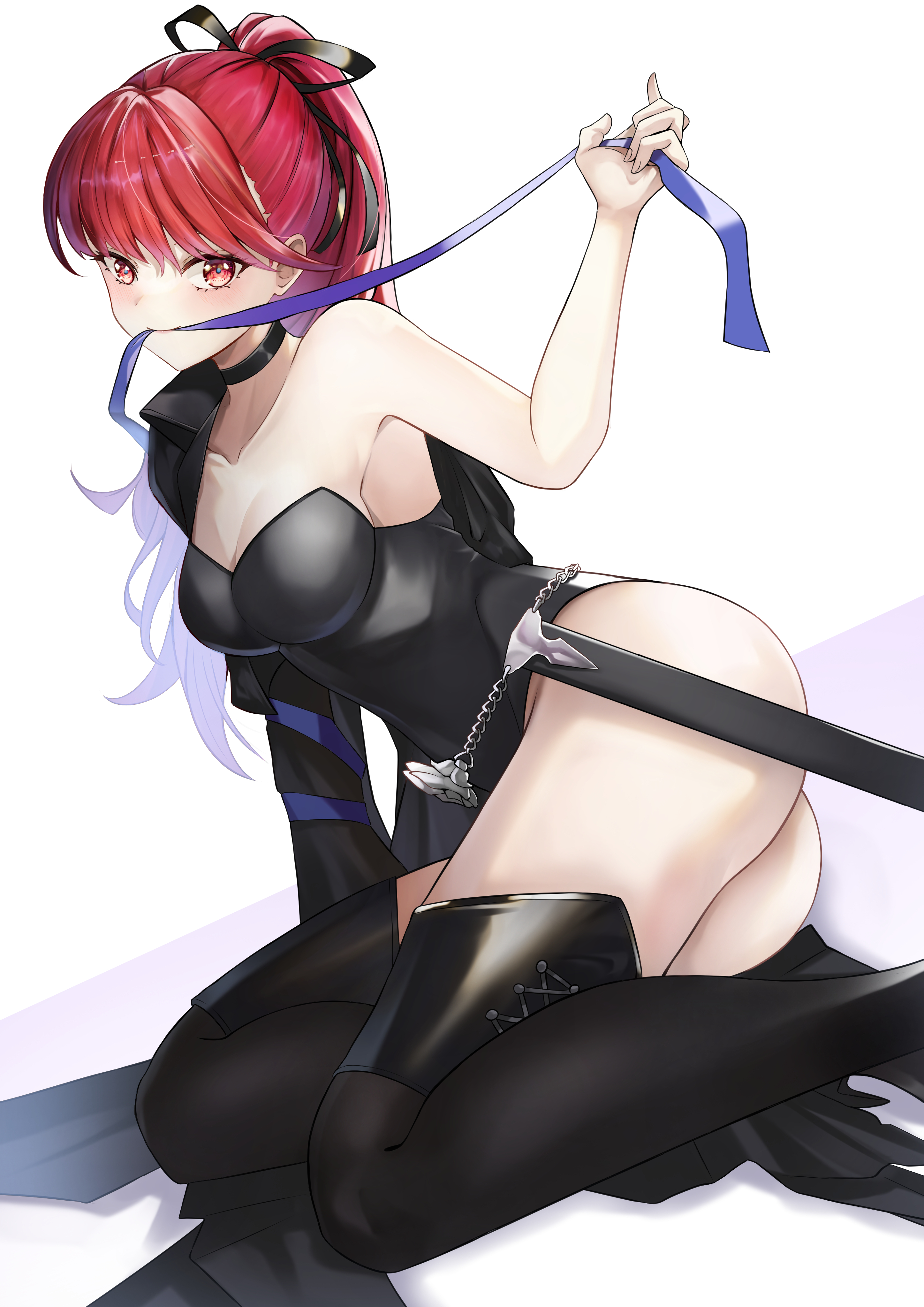 dekhudwad, violet (persona 5), yoshizawa kasumi, persona, persona 5, persona 5 the royal, absurdres, commentary, highres, 1girl, arm support, ass, belt, black boots, black choker, black leotard, black ribbon, blush, boots, breasts, choker, cleavage, closed mouth, collarbone, dutch angle, hair ribbon, hand on ground, hand up, high ponytail, holding, holding ribbon, large breasts, leotard, long hair, looking at viewer, mouth hold, no mask, ponytail, purple ribbon, red eyes, red hair, ribbon, ribbon in mouth, scabbard, sheath, silver belt, simple background, single bare shoulder, single sleeve, sitting, solo, swept bangs, thigh boots, white background
