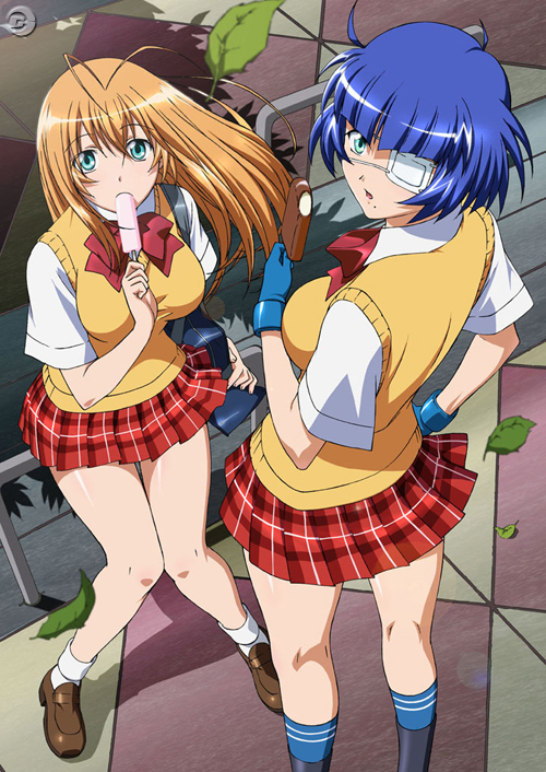 miyazawa tsutomu, ryomou shimei, sonsaku hakufu, ikkitousen, 00s, 2girls, blue hair, eyepatch, food, from above, ice cream, looking up, multiple girls, plaid clothes, plaid skirt, popsicle, red skirt, school uniform, skirt, sweater vest, vest, wind