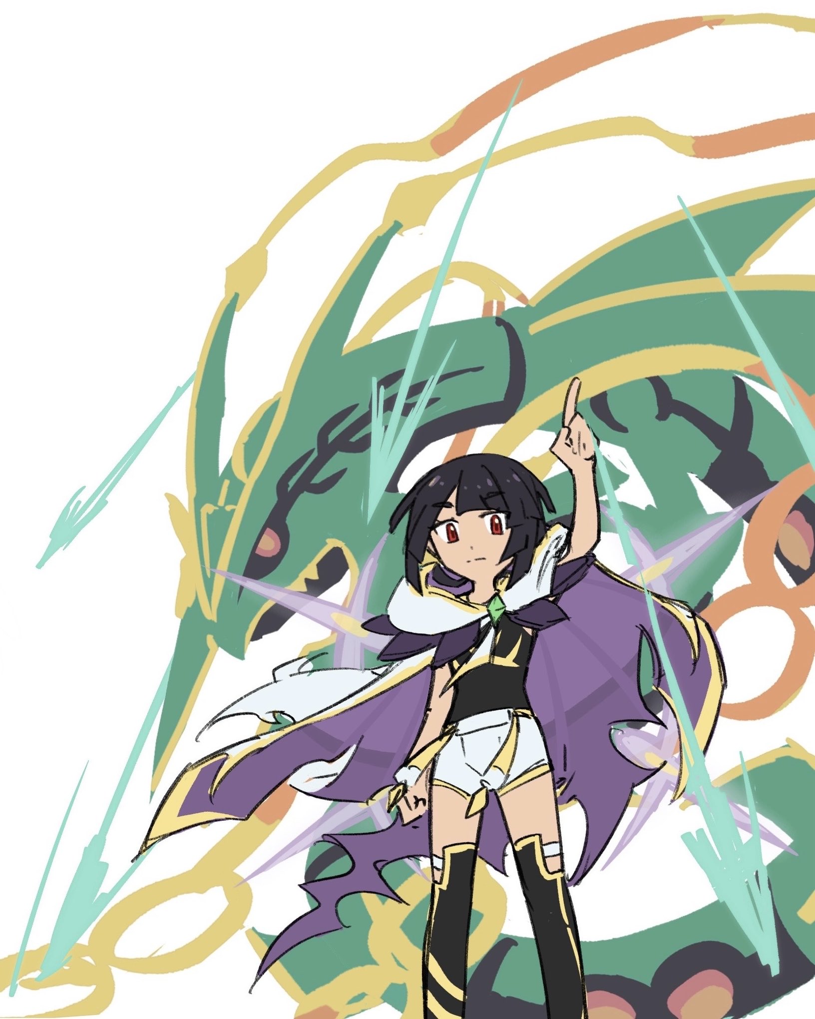 xlii idk, mega rayquaza, rayquaza, zinnia (pokemon), nintendo, pokemon, pokemon oras, highres, 1girl, adapted costume, arm at side, arm up, black shirt, black thighhighs, cape, clenched hand, closed mouth, gen 3 pokemon, index finger raised, legendary pokemon, looking at viewer, looking down, mega pokemon, pokemon (creature), red eyes, shirt, shorts, split mouth, thighhighs, white background, white shorts