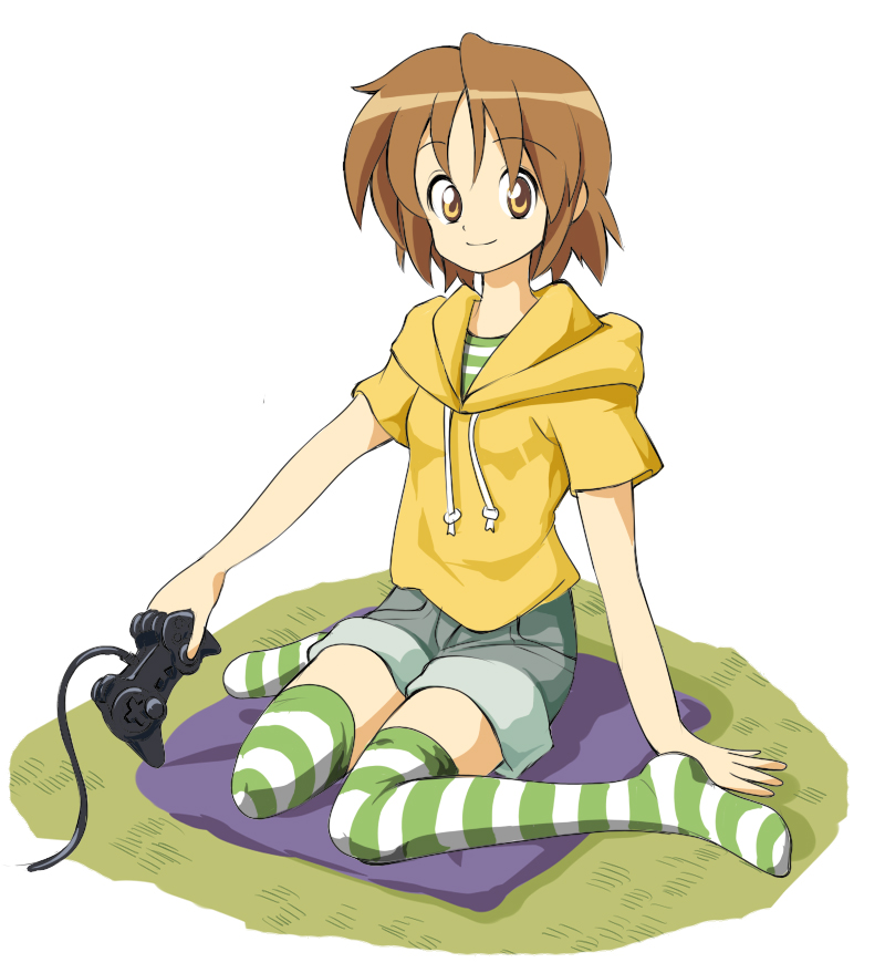 ruu (tksymkw), hiiragi matsuri, lucky star, 00s, 1girl, brown eyes, brown hair, casual, controller, denim, denim shorts, female focus, game console, game controller, gamepad, hood, hoodie, joystick, patterned legwear, pillow, playing games, playstation 2, shirt, short hair, shorts, sitting, smile, solo, striped clothes, striped shirt, striped thighhighs, thighhighs, two-tone stripes, video game, wariza