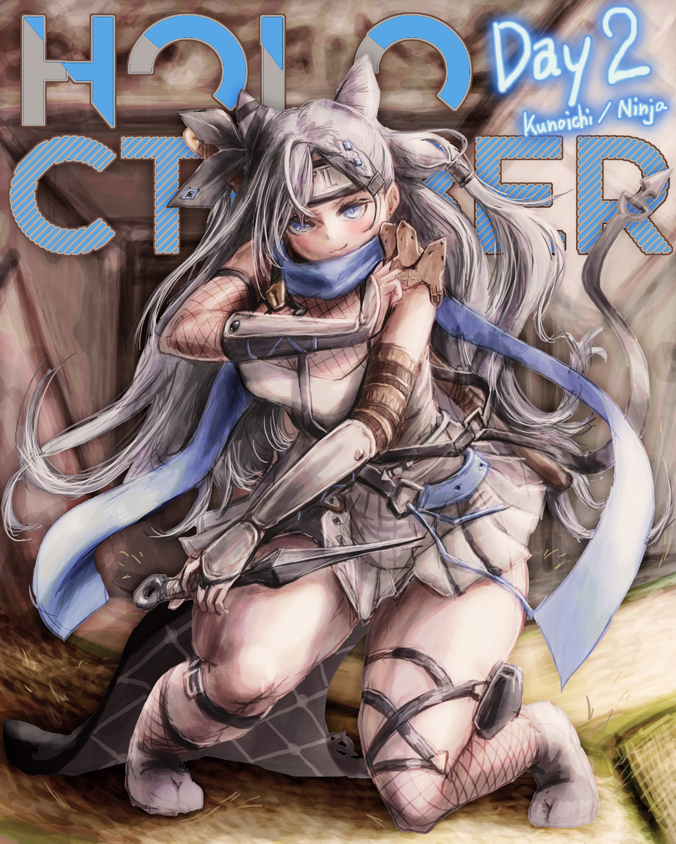 nymph rhythm, vestia zeta, hololive, hololive indonesia, absurdres, highres, 1girl, arm guards, blue eyes, cone hair bun, fishnets, forehead protector, grey hair, hair bun, kunai, long hair, looking at viewer, ninja, reverse grip, scarf, shuriken, skirt, virtual youtuber, weapon, wrist guards