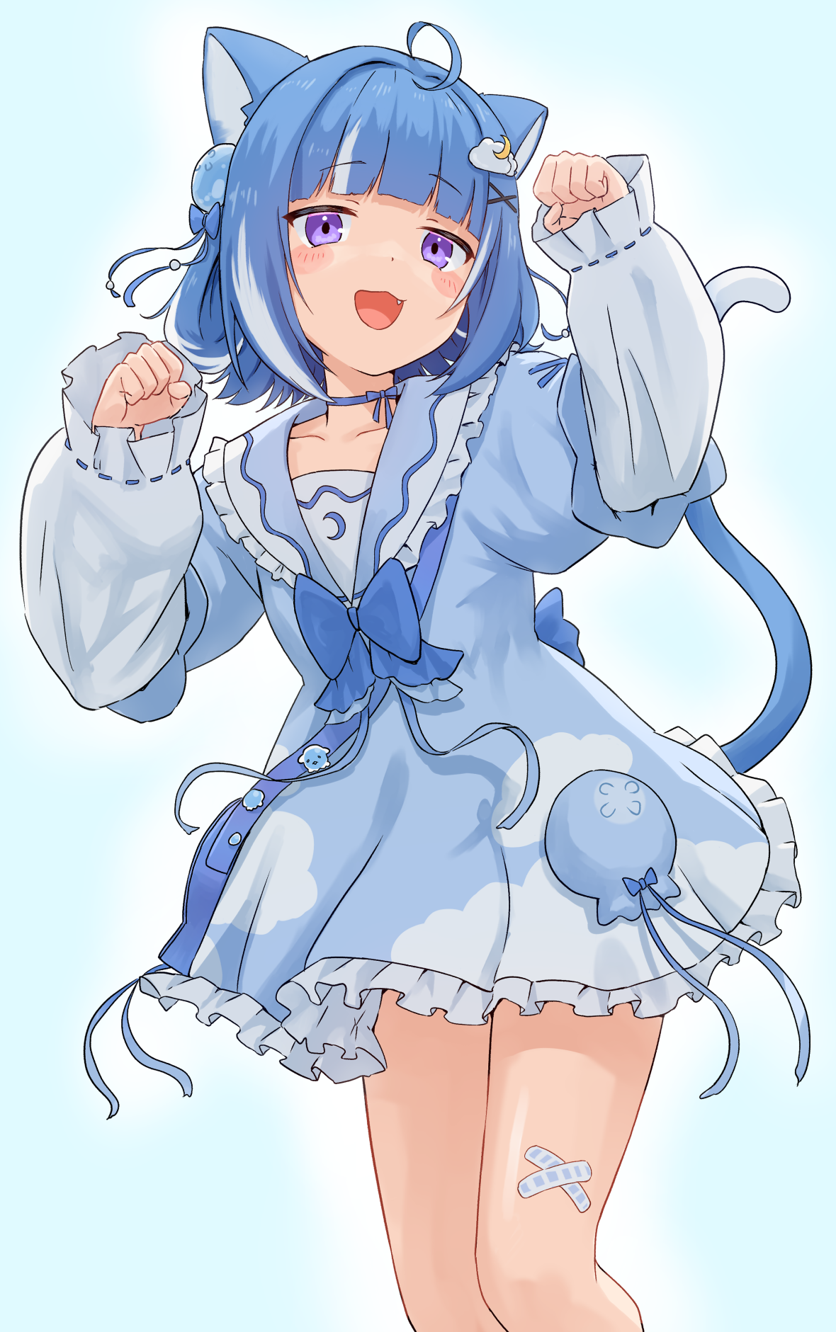 syagare, kurageu roa, indie virtual youtuber, highres, 1girl, ahoge, animal ears, blue hair, cat ears, cat girl, cat tail, dress, paw pose, purple eyes, solo, tail, virtual youtuber