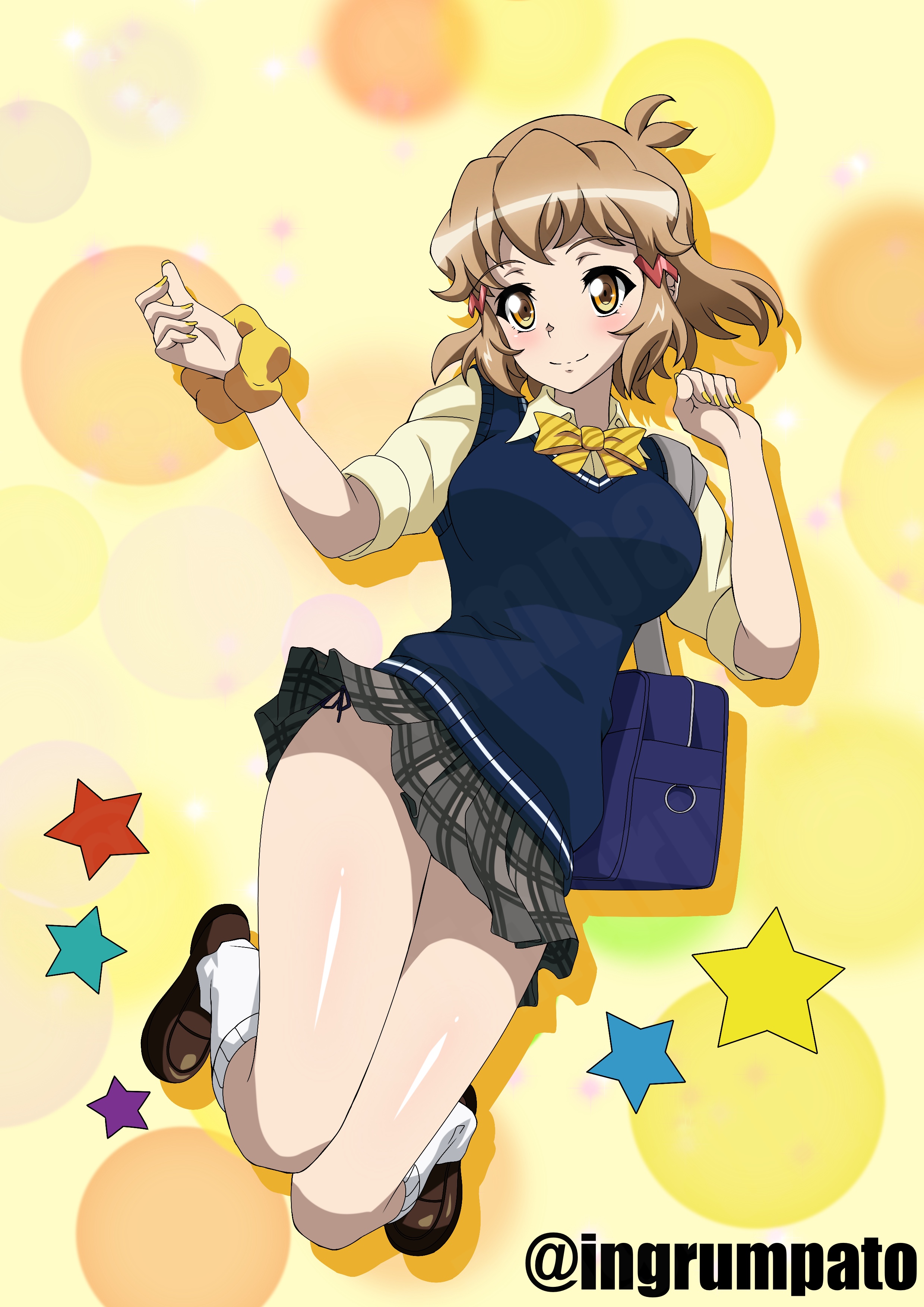 kyomeihibiki, tachibana hibiki (symphogear), senki zesshou symphogear, absurdres, commentary request, highres, 1girl, black panties, blue vest, blush, bow, bowtie, breasts, brown hair, brown shoes, closed mouth, full body, hair ornament, hairclip, loafers, lydian academy school uniform, miniskirt, orange eyes, panties, plaid clothes, plaid skirt, pleated skirt, school uniform, shoes, short hair, side-tie panties, skirt, smile, solo, star (symbol), twitter username, underwear, vest, yellow bow, yellow bowtie, yellow nails