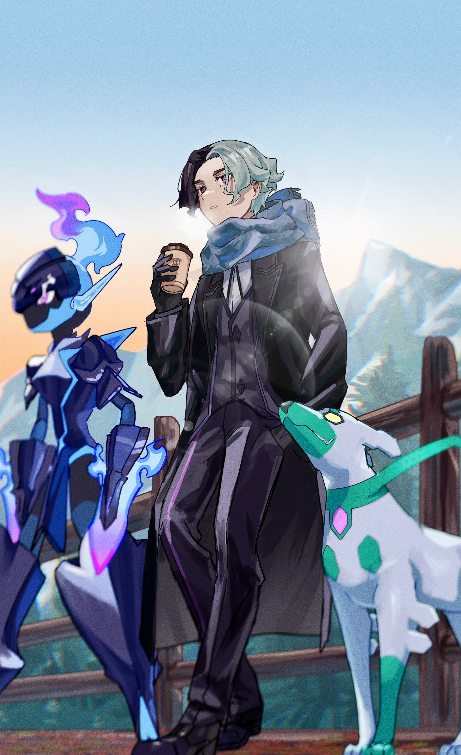 copituji, amethio (pokemon), ceruledge, zygarde, nintendo, pokemon, pokemon (anime), pokemon horizons, absurdres, commentary request, highres, 1boy, against fence, alternate color, alternate costume, blue scarf, breath, coat, cup, day, disposable coffee cup, disposable cup, fence, gen 6 pokemon, gloves, holding, legendary pokemon, long sleeves, male focus, multicolored hair, open clothes, open coat, outdoors, pants, pokemon (creature), scarf, shiny pokemon, shirt, shoes, short hair, sky, standing, two-tone hair, vest, winter, zygarde (10)