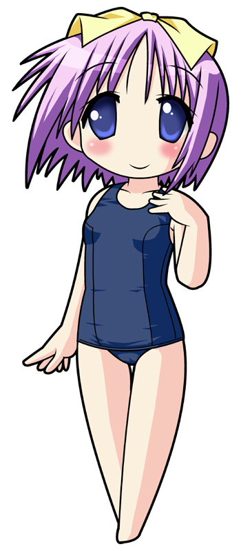 neopure, hiiragi tsukasa, lucky star, 00s, barefoot, chibi, one-piece swimsuit, school swimsuit, solo, swimsuit
