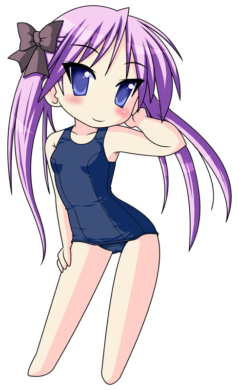 neopure, hiiragi kagami, lucky star, 00s, barefoot, blue eyes, chibi, hair ribbon, one-piece swimsuit, purple hair, ribbon, school swimsuit, solo, swimsuit, twintails