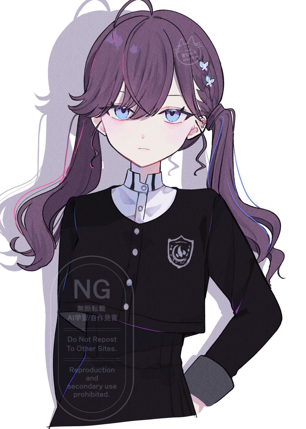 muta (82y 46p), kaya rinha, gakuen idolmaster, idolmaster, commentary request, highres, 1girl, ahoge, arms behind back, bags under eyes, black jacket, black skirt, blue eyes, braid, butterfly hair ornament, chromatic aberration, closed mouth, cowboy shot, cropped jacket, cropped torso, drop shadow, ear piercing, expressionless, gokugetsu academy school uniform, hair ornament, half up braid, high-waist skirt, jacket, long hair, long sleeves, looking at viewer, piercing, purple hair, school emblem, school uniform, shirt, simple background, skirt, solo, standing, swept bangs, twintails, watermark, white background, white shirt