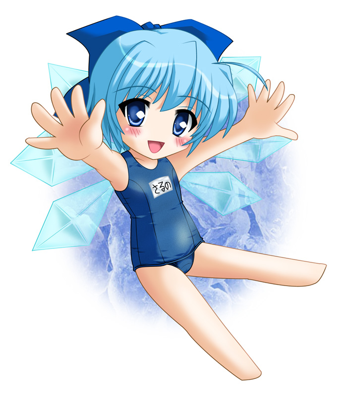 neopure, cirno, touhou, 1girl, barefoot, chibi, female focus, full body, gradient background, one-piece swimsuit, school swimsuit, solo, swimsuit, white background