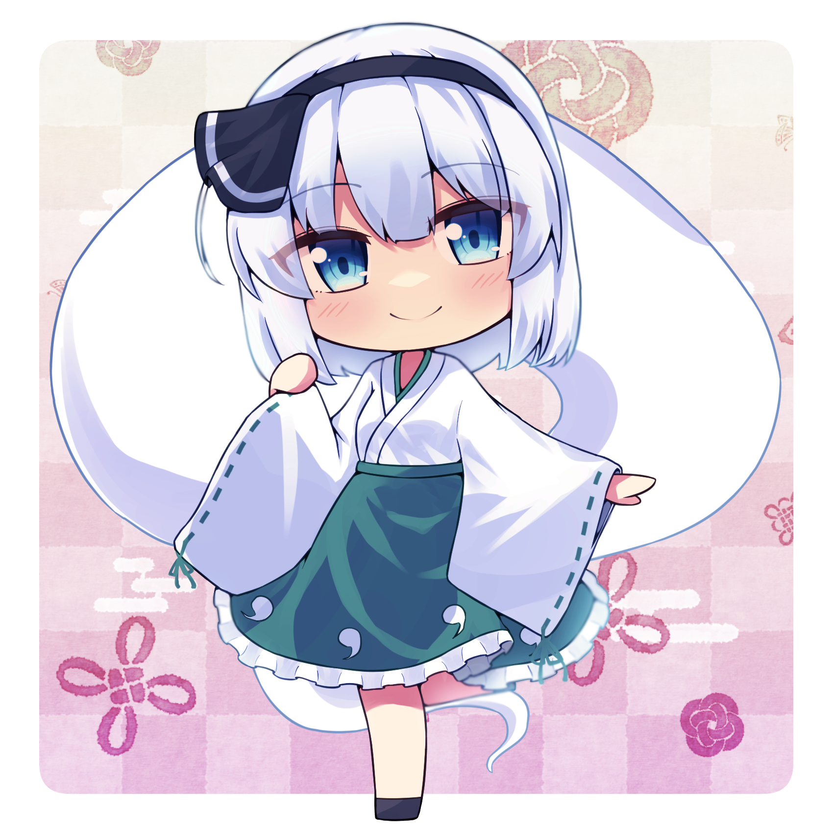 kominato haru, konpaku youmu, konpaku youmu (ghost), touhou, commentary request, highres, black hairband, bow hairband, chibi, chibi only, egasumi, frilled skirt, frills, full body, green skirt, hairband, hitodama, hitodama print, japanese clothes, kimono, looking at viewer, miko, print skirt, ribbon-trimmed sleeves, ribbon trim, short hair, skirt, smile, standing, standing on one leg, white hair, white kimono, wide sleeves
