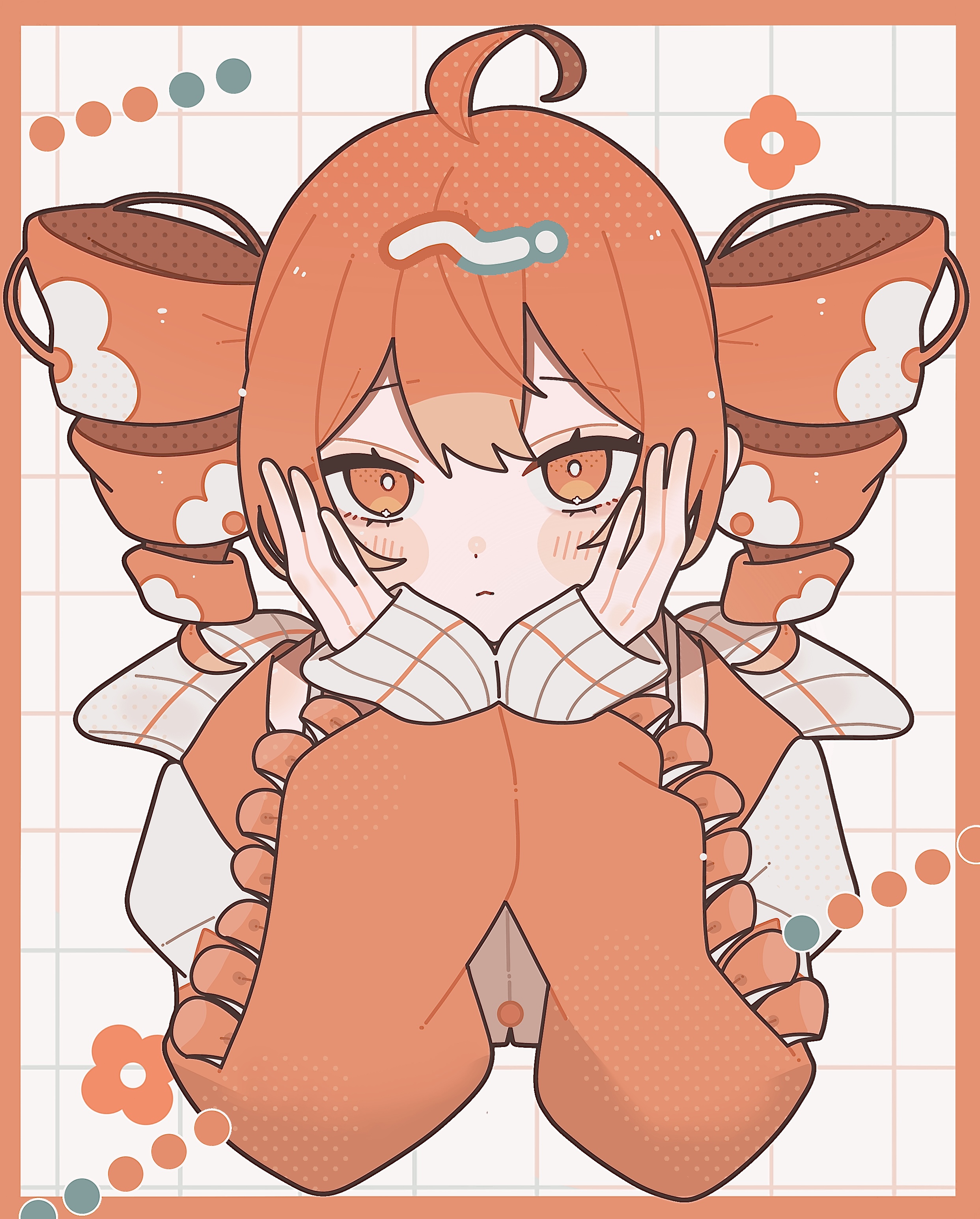 okayu (cwtv7823), kasane teto, utau, absurdres, commentary request, highres, 1girl, ahoge, blush stickers, border, closed mouth, cropped torso, double-parted bangs, drill hair, grid background, head rest, long sleeves, looking at viewer, orange border, orange hair, orange shirt, outside border, pppp (vocaloid), shirt, short hair, solo, twin drills, white background