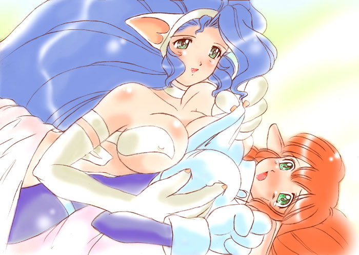buieito, felicia (darkstalkers), roomi, capcom, darkstalkers, galaxy fight, sunsoft, bad id, bad pixiv id, 2girls, animal ears, animal hands, big hair, blue bodysuit, blue hair, blush, bodysuit, breast press, breasts, cat ears, covered erect nipples, crossover, green eyes, large breasts, multiple girls, orange hair, pointy ears, symmetrical docking, trait connection, yuri