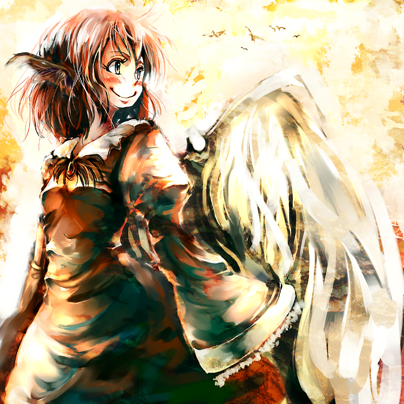 yae (mono110), mystia lorelei, touhou, bad id, bad pixiv id, 1girl, animal ears, female focus, pink hair, short hair, smile, solo, standing, wings