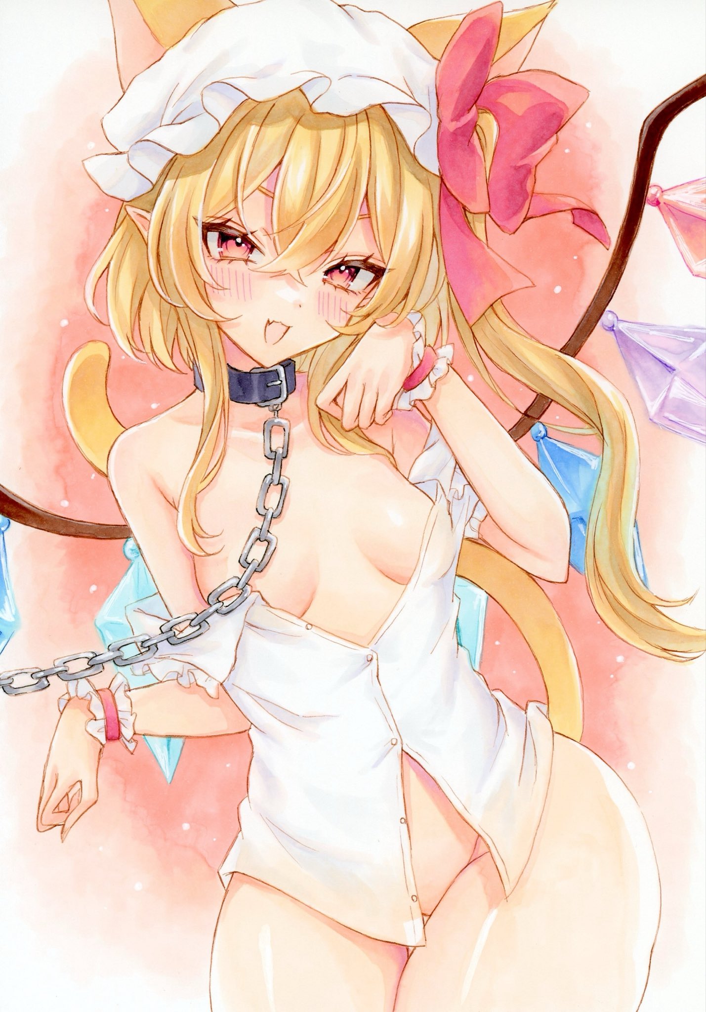 natsume nadeshiko, flandre scarlet, touhou, highres, 1girl, animal ears, blonde hair, blush, bow, breasts, cat ears, chain, cleavage, clothes pull, collar, crystal wings, cuffs, detached sleeves, hat, large bow, long hair, mob cap, open clothes, open shirt, partially unbuttoned, pointy ears, red eyes, shirt, shirt pull, smile, tail, wings