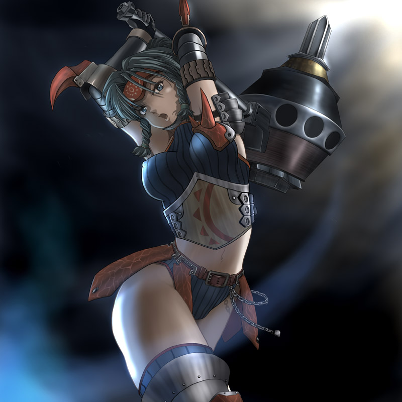 wancozow, kuroobi (one piece), capcom, monster hunter (series), striped, bad id, bad pixiv id, 1girl, :o, angry, armband, armor, arms up, asymmetrical clothes, belt, black hair, blue eyes, braid, breasts, chain, crop top, curvy, elbow gloves, female focus, fighting stance, forehead protector, foreshortening, gloves, hammer, headband, holding, huge weapon, impossible clothes, impossible shirt, kuroobi (armor), large breasts, leaning, looking at viewer, micro shorts, midriff, navel, open mouth, parted bangs, shirt, shorts, sleeveless, sleeveless turtleneck, solo, spikes, standing, thighhighs, thighs, turtleneck, waist cincher, weapon