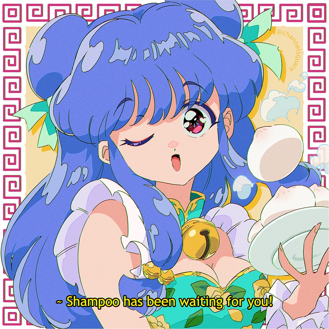channelsquare, shampoo (ranma 1/2), ranma 1/2, 1girl, blue hair, china dress, chinese clothes, double bun, dress, food, hair bun, long hair, pink eyes, purple hair, retro artstyle, sidelocks, steamed bun