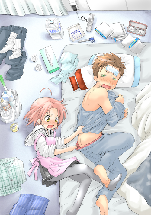 ubizo, kogami akira, shiraishi minoru, lucky star, 00s, 1boy, 1girl, apron, ass, barefoot, bed, blush, erection, feet, fever, lying, pantyhose, penis, spring onion, undressing