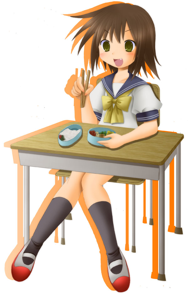 kusakabe misao, lucky star, non-web source, 00s, bento, brown hair, chopsticks, desk, fang, food, school uniform, serafuku, short hair, sitting, smile, solo, yellow eyes