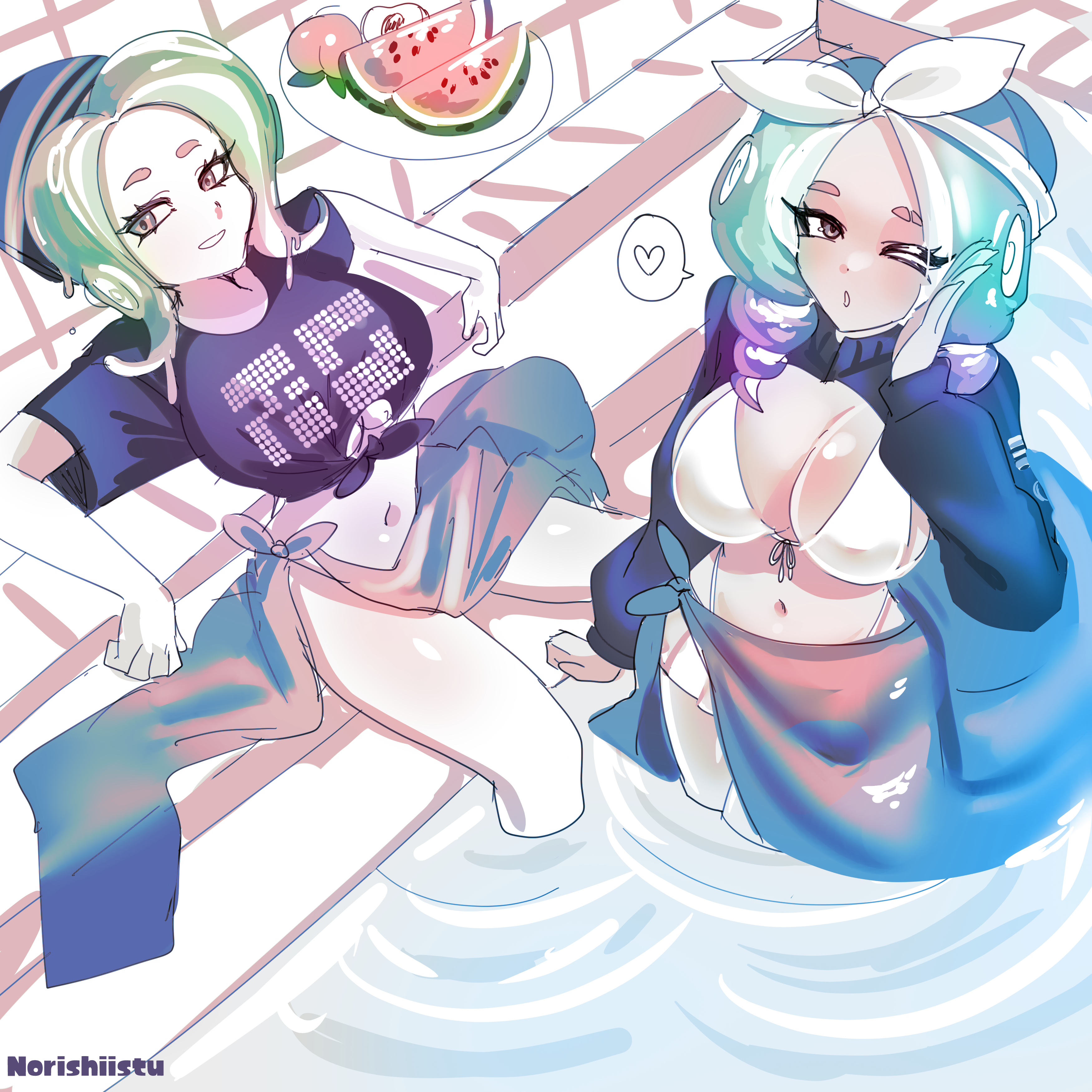 norishiitsu, octoling girl, octoling player character, nintendo, splatoon (series), 2girls, aqua hair, bikini, bikini skirt, black hat, black shirt, black shrug, blue sarong, breasts, brown eyes, cleavage, colored extremities, drill hair, food, fruit, gradient hair, green hair, grin, hairband, hat, heart, large breasts, long hair, long sleeves, looking at viewer, midriff, multicolored hair, multiple girls, navel, octoling, octopus girl, one eye closed, open mouth, peach, pink eyes, pink hair, plate, pointy ears, pool, purple hair, sarong, shirt, short sleeves, shrug (clothing), sitting, smile, soaking feet, speech bubble, spoken heart, standing, suction cups, swimsuit, teeth, tentacle hair, tied shirt, two-tone hair, wading, water, watermelon, watermelon slice, white bikini, wink