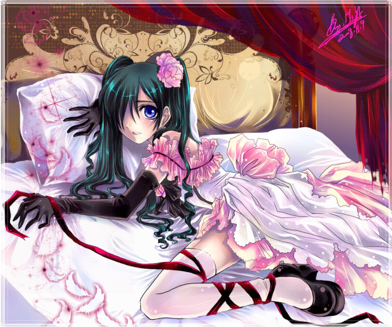 rurisen (yaoihyper), ciel phantomhive, ciel phantomhive (robin dress), kuroshitsuji, 00s, 1boy, bare shoulders, bed, black hair, blue eyes, blue hair, crossdressing, crossdressing (mtf), dress, elbow gloves, frills, gloves, gothic lolita, high heels, lolita fashion, male focus, matching hair/eyes, on bed, pillow, ribbon, shoes, solo, thighhighs, trap, twintails, white dress, zettai ryouiki