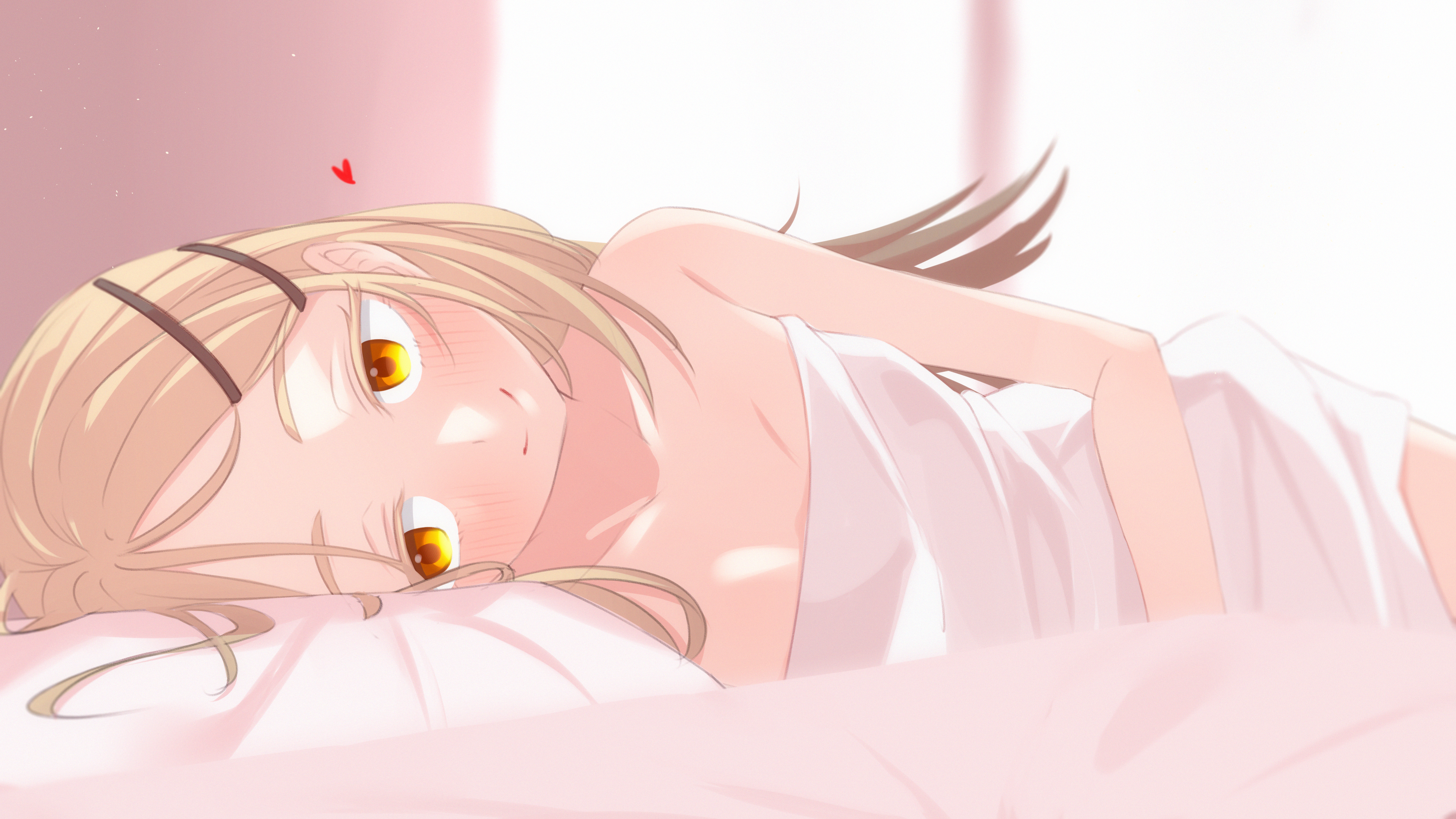 take mawile, shinosawa hiro, gakuen idolmaster, idolmaster, absurdres, commentary request, highres, 1girl, blonde hair, blurry, blurry background, blurry foreground, blush, breasts, brown eyes, closed mouth, depth of field, hair ornament, hairclip, long hair, looking at viewer, lying, naked towel, on side, parallel hairclips, small breasts, smile, solo, towel