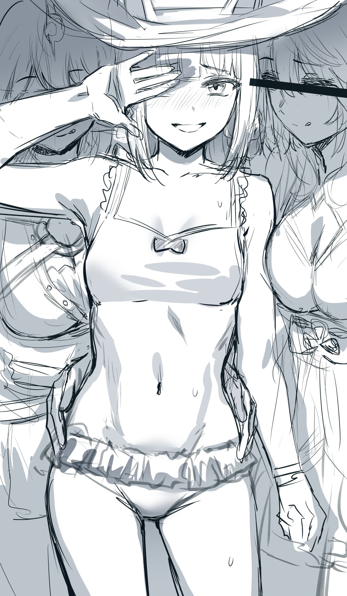 hews, sweep tosho (umamusume), umamusume, blush, hat, looking at viewer, monochrome, navel, witch hat