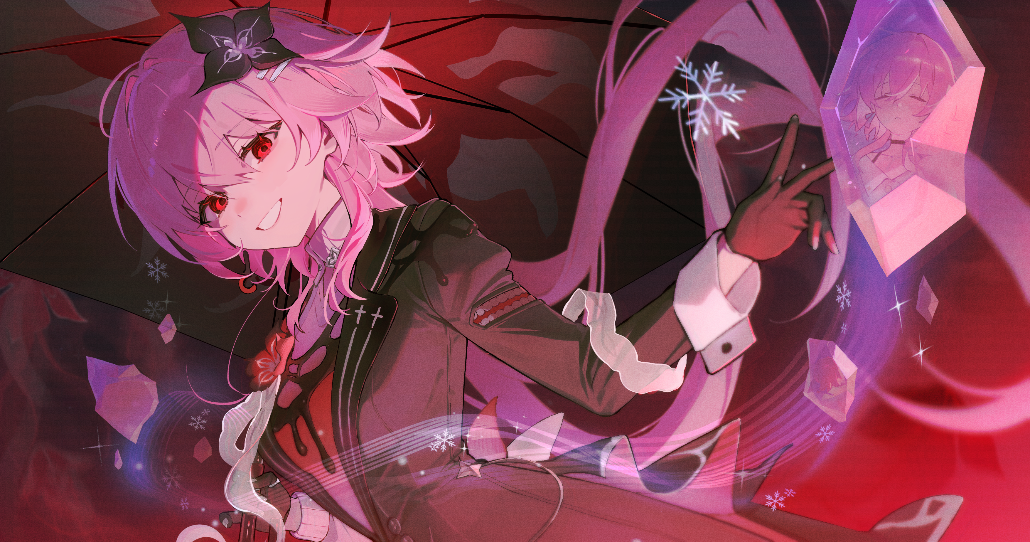 bon (bony 53), evernight (honkai: star rail), march 7th (honkai: star rail), honkai: star rail, honkai (series), absurdres, commentary, highres, 1girl, black dress, black flower, black gloves, breasts, dress, earrings, flower, flower ornament, gloves, hair between eyes, hair flower, hair ornament, hairclip, holding, holding umbrella, jewelry, long hair, long sleeves, looking at viewer, official alternate eye color, open mouth, pink hair, red eyes, single earring, smile, teeth, umbrella, upper body, v