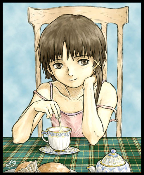 kobaneko, iwakura lain, serial experiments lain, plaid, 1990s (style), 1girl, asymmetrical hair, bare shoulders, brown eyes, brown hair, camisole, cup, female focus, hair ornament, hairclip, head rest, looking at viewer, pov across table, retro artstyle, short hair, sitting, smile, solo, strap slip, tea, teacup, teapot