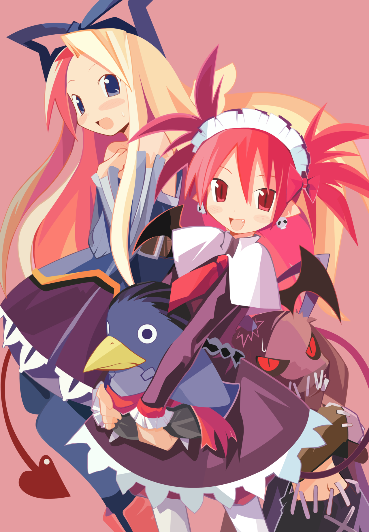 yamamoto keiji, archer (disgaea), brawler (disgaea), etna (disgaea), flonne, laharl, mage (disgaea), prinny, skull (disgaea), disgaea, makai senki disgaea 2, bad deviantart id, bad id, derivative work, highres, vector trace, 2girls, archer (disgaea) (cosplay), cosplay, halloween, multiple girls, pantyhose, skull (disgaea) (cosplay)