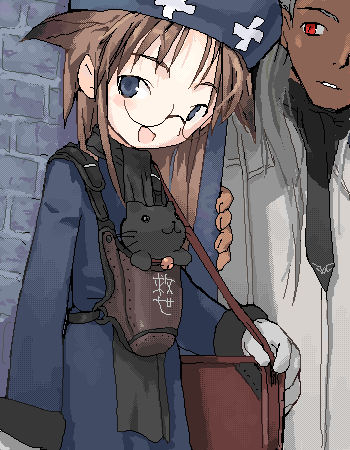 lowres, non-web source, bag, bell, blue eyes, brown hair, cat, coat, collar, dark skin, glasses, hat, holster, long hair, neck bell, oekaki, red eyes, scarf, smile