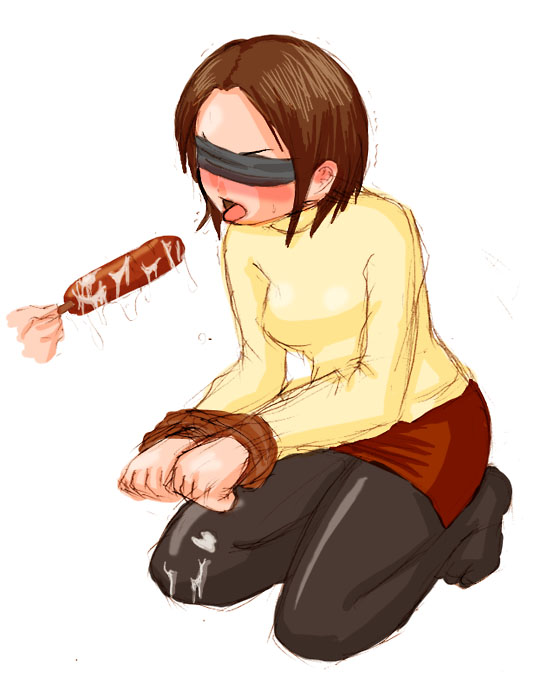 futaba administrator, futaba channel, non-web source, 1girl, bdsm, blindfold, blush, bondage, bound, bound wrists, brown hair, cum, cum on clothes, cum on food, female focus, food, hot dog, kneeling, pantyhose, pencil skirt, short hair, skirt, solo, tongue, turtleneck