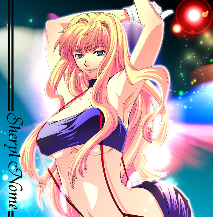 mgk968, sheryl nome, macross, macross frontier, 00s, 1girl, bandeau, blonde hair, breasts, choker, earrings, female focus, idol, jewelry, lipstick, long hair, makeup, neon lights, single earring, solo, strapless, suspenders, tube top, underboob