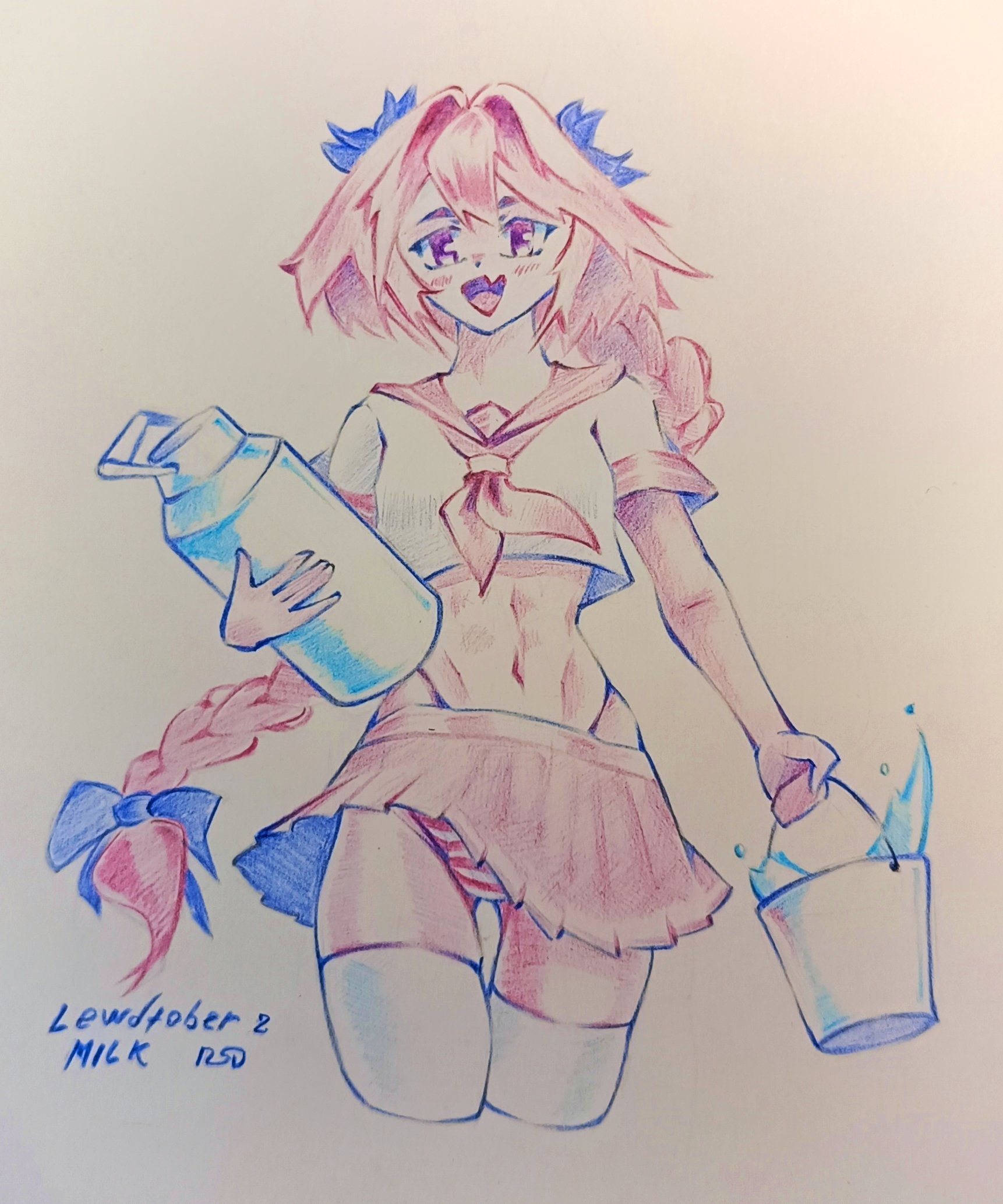 starflight, astolfo (fate), astolfo (sailor paladin) (fate), colored pencil (medium), highres, self-upload, traditional media, 1boy, abs, belly, blush, bow, braid, bucket, bulge, can, cowboy shot, crossdressing, crossdressing (mtf), holding, holding bucket, holding can, inktober, lewdtober, long braid, long hair, male focus, meme, milk, navel, panties, penis in panties, pink hair, pink panties, pink sailor collar, pink shirt, pleated skirt, purple eyes, sailor collar, school uniform, serafuku, shirt, signature, skirt, striped clothes, striped panties, thick thighs, thighhighs, thighs, trap, underwear, white thighhighs