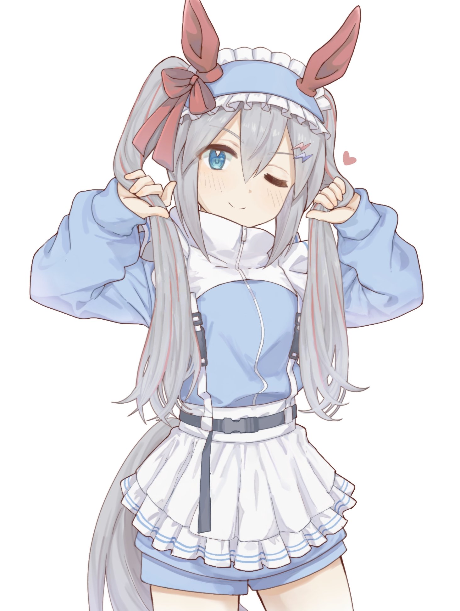 tamamo cross (umamusume), umamusume, umamusume: cinderella gray, highres, 1girl, alternate costume, animal ears, apron, belt, blue eyes, blue headdress, blue jacket, blue shorts, blush, closed mouth, cowboy shot, ear covers, ear ornament, frilled apron, frills, grey hair, grey tail, hair between eyes, hair ornament, headdress, heart, horse ears, horse girl, horse tail, jacket, jersey maid, lightning bolt, lightning bolt hair ornament, lightning bolt symbol, long hair, long sleeves, looking at viewer, maid, maid apron, multicolored hair, one eye closed, red hair, shorts, simple background, smile, solo, streaked hair, taa in1, tail, track jacket, twintails, unconventional maid, very long hair, waist apron, white apron, white background