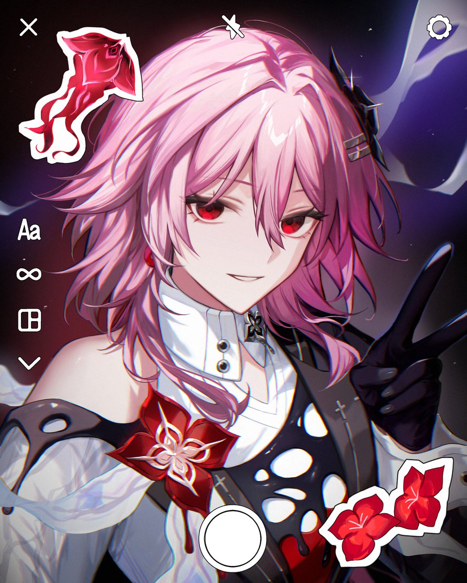 umenoume, evernight (honkai: star rail), march 7th (honkai: star rail), honkai: star rail, honkai (series), highres, 1girl, black background, black dress, black gloves, dress, fake phone screenshot, fake screenshot, gloves, looking at viewer, parted lips, pink hair, red eyes, shirt, solo, sticker, upper body, v, white shirt