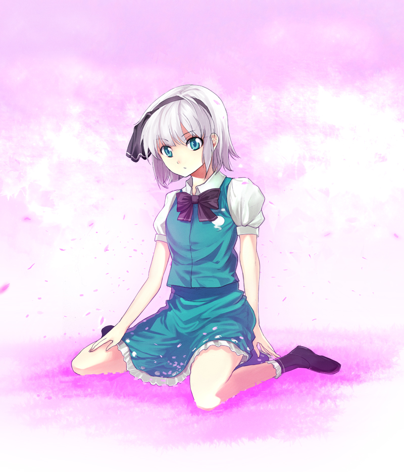 sasamori tomoe, konpaku youmu, touhou, silver hair, bad id, bad pixiv id, 1girl, aqua eyes, black socks, bob cut, bow, bowtie, cherry blossoms, female focus, petals, short hair, sitting, skirt, skirt set, socks, solo, wariza