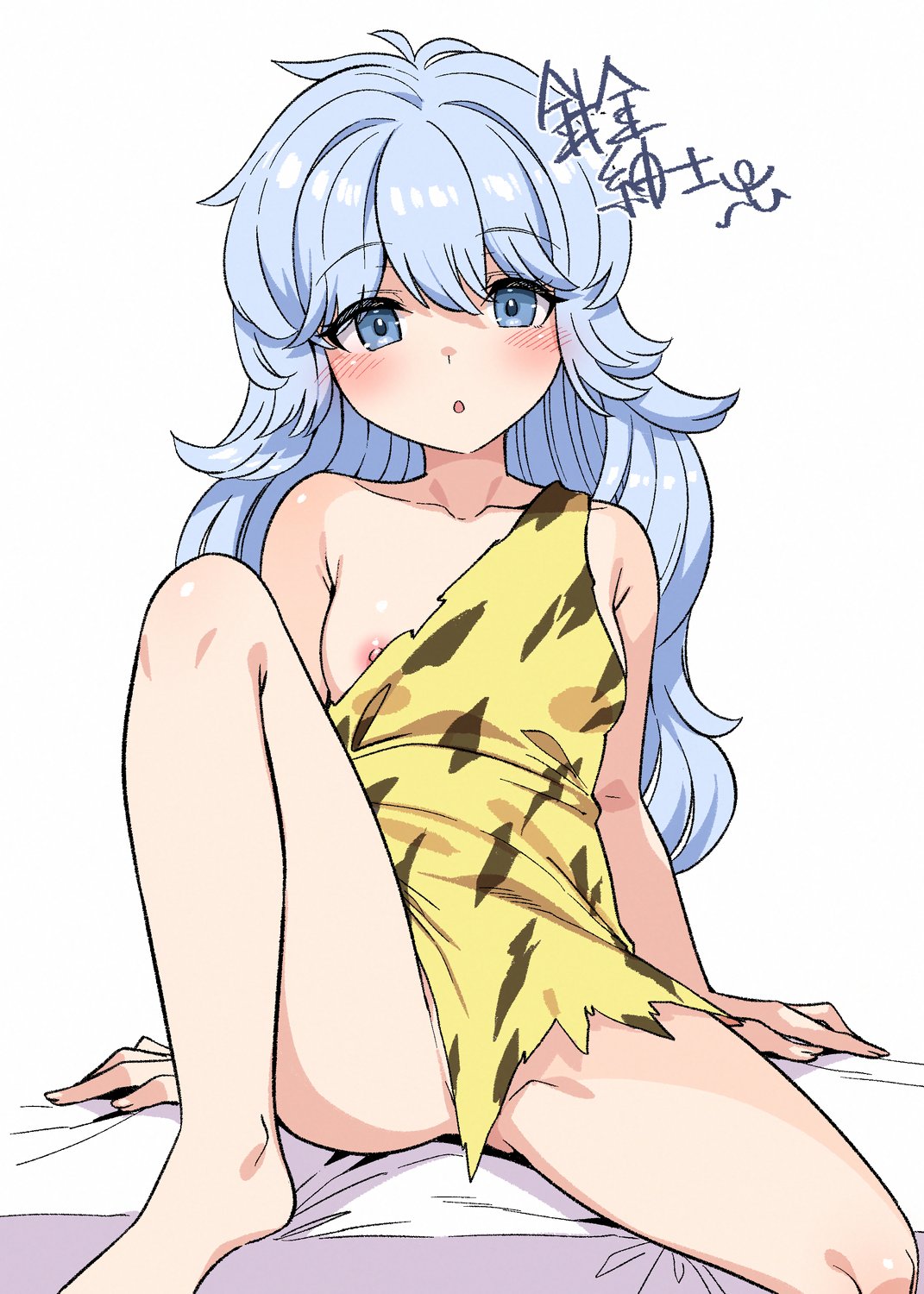 harigane shinshi, original, highres, 1girl, bare shoulders, blue eyes, blue hair, blush, breasts, knees up, lightning bolt print, long hair, looking at viewer, nipples, one breast out, simple background, sitting, small breasts, solo, tan, tanline, white background