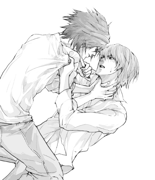 l (death note), yagami light, death note, 00s, knife, monochrome, open mouth, sweat