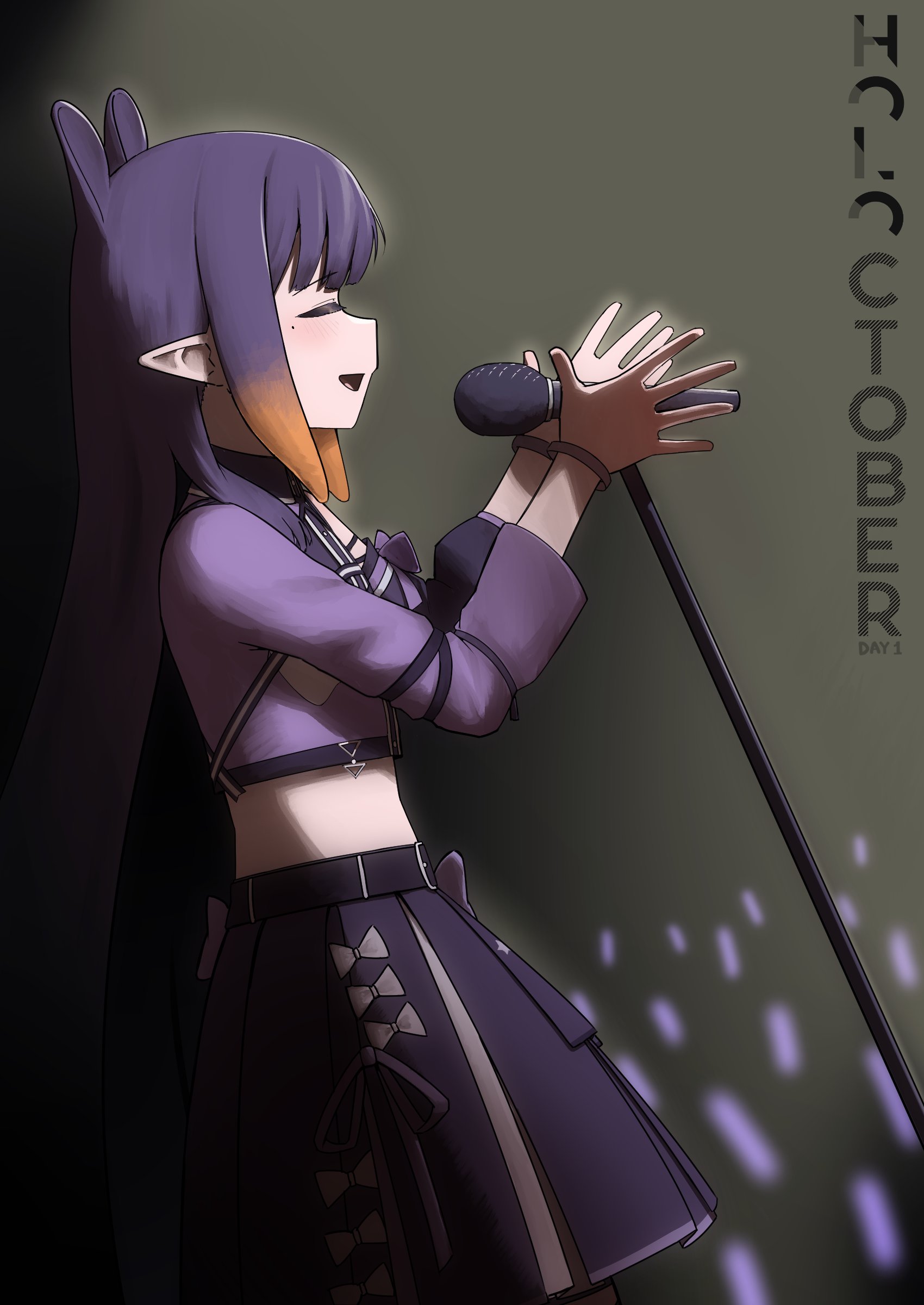sseldne, ninomae ina'nis, hololive, hololive english, absurdres, highres, 1girl, blunt bangs, gradient hair, idol clothes, long hair, microphone, midriff, mole, mole under eye, multicolored hair, open mouth, orange hair, pointy ears, purple hair, sidelocks, skirt, solo, tentacle hair, virtual youtuber