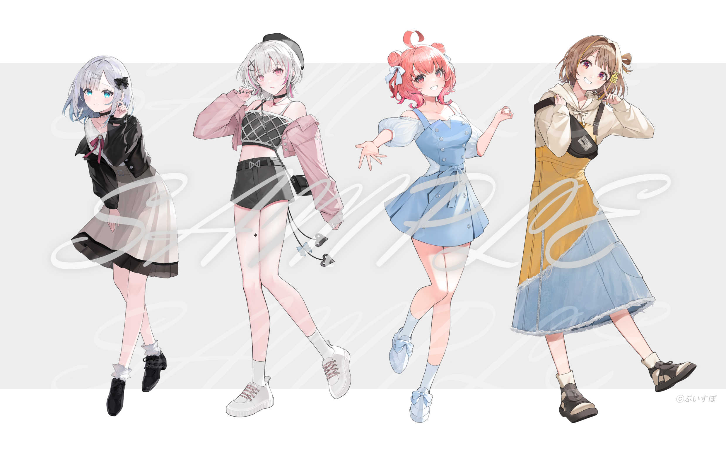 sogawa, asumi sena, sendo yuuhi, shinomiya runa, yumeno akari, vspo!, highres, official art, 4girls, ahoge, bag, black sandals, black shoes, brown hair, closed mouth, dress, full body, grey hair, hand up, jacket, long sleeves, looking at viewer, multiple girls, open clothes, open jacket, parted lips, pink hair, reaching, reaching towards viewer, sample watermark, sandals, shirt, shoes, short hair, shorts, simple background, skirt, smile, socks, standing, virtual youtuber, watermark, white shoes, white socks