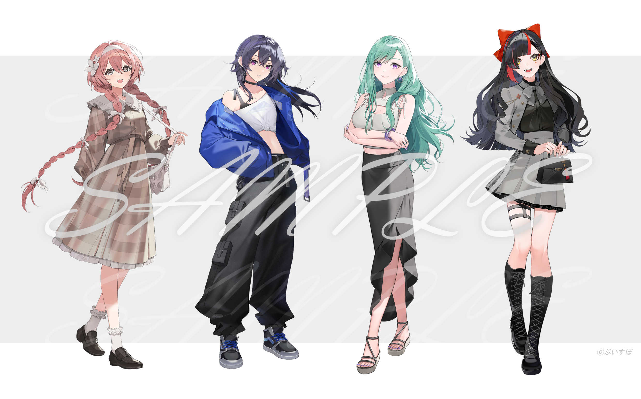 sogawa, amayui moka, choya hanabi, ichinose uruha, yakumo beni, vspo!, highres, 4girls, bag, black boots, black pants, black shoes, boots, braid, closed mouth, detached sleeves, floating hair, full body, holding, holding bag, jacket, knee boots, long hair, looking at viewer, midriff, multiple girls, open clothes, open jacket, open mouth, pants, pink hair, sample watermark, sandals, shirt, shoes, simple background, skirt, smile, socks, standing, stomach, teeth, twin braids, upper teeth only, very long hair, virtual youtuber, watermark, white socks