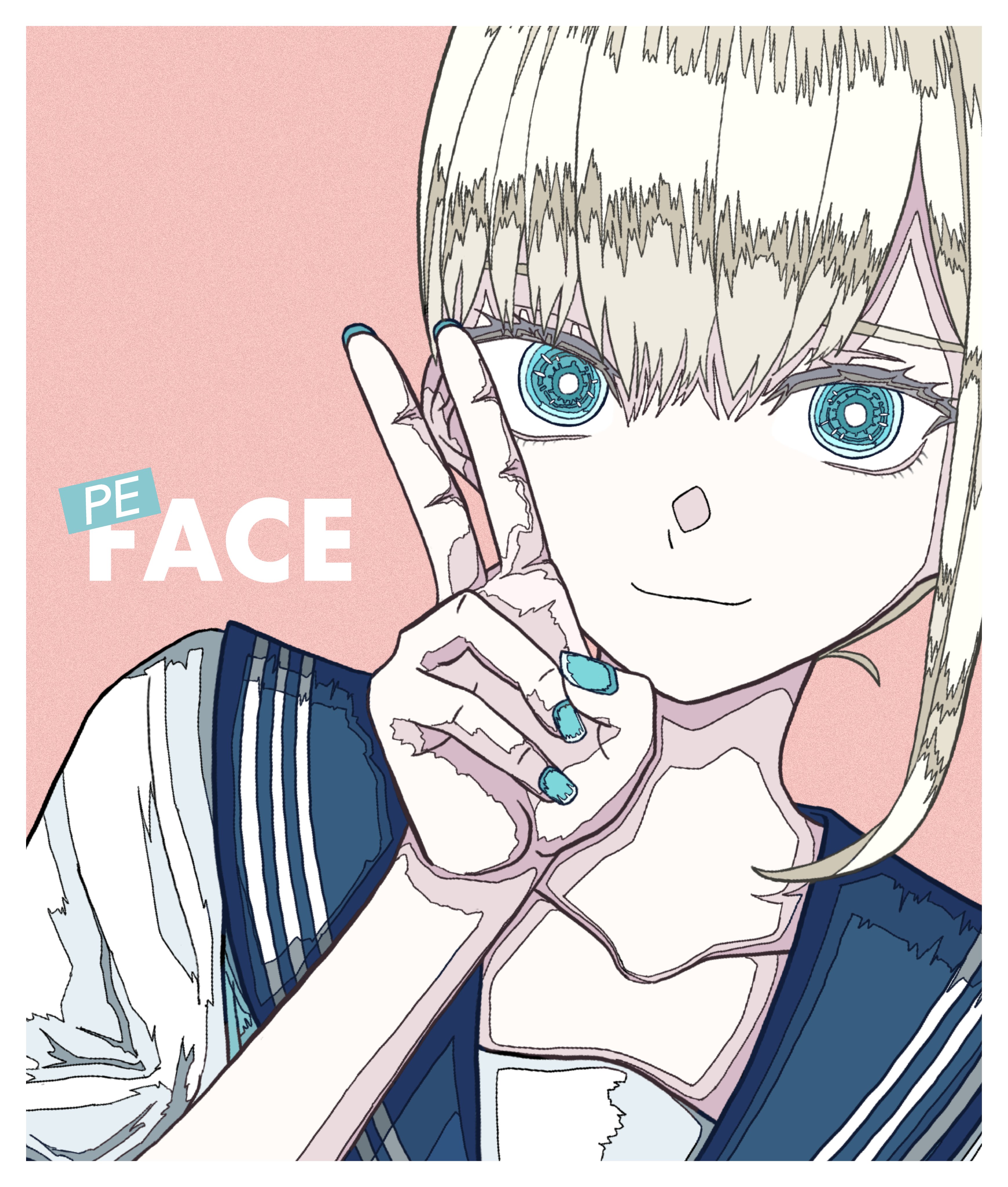 asada asahi, original, absurdres, commentary request, highres, 1girl, aqua eyes, aqua nails, blonde hair, blue sailor collar, border, bright pupils, closed mouth, collarbone, english text, eyelashes, hair between eyes, hand up, looking at viewer, medium hair, pink background, portrait, sailor collar, school uniform, serafuku, shirt, simple background, single sidelock, smile, solo, v, white border, white pupils, white serafuku, white shirt