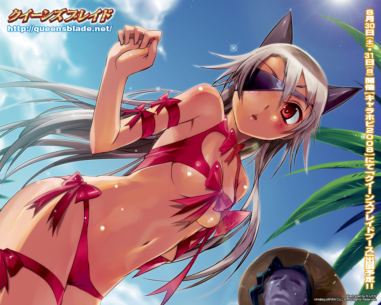 kantaka, aldra (queen's blade), delmore, queen aldra, queen's blade, silver hair, official art, official wallpaper, 00s, 1boy, 1girl, :<, :o, animal ears, armband, bikini, blue skin, blush, bow, breasts, cameltoe, cleavage cutout, clothing cutout, cloud, colored skin, day, dutch angle, embarrassed, eyepatch, hat, leaf, long hair, micro bikini, navel, outdoors, red eyes, ribbon, sky, small breasts, sparkle, standing, surprised, swimsuit, tan, thigh strap, triangle mouth, underboob, very long hair