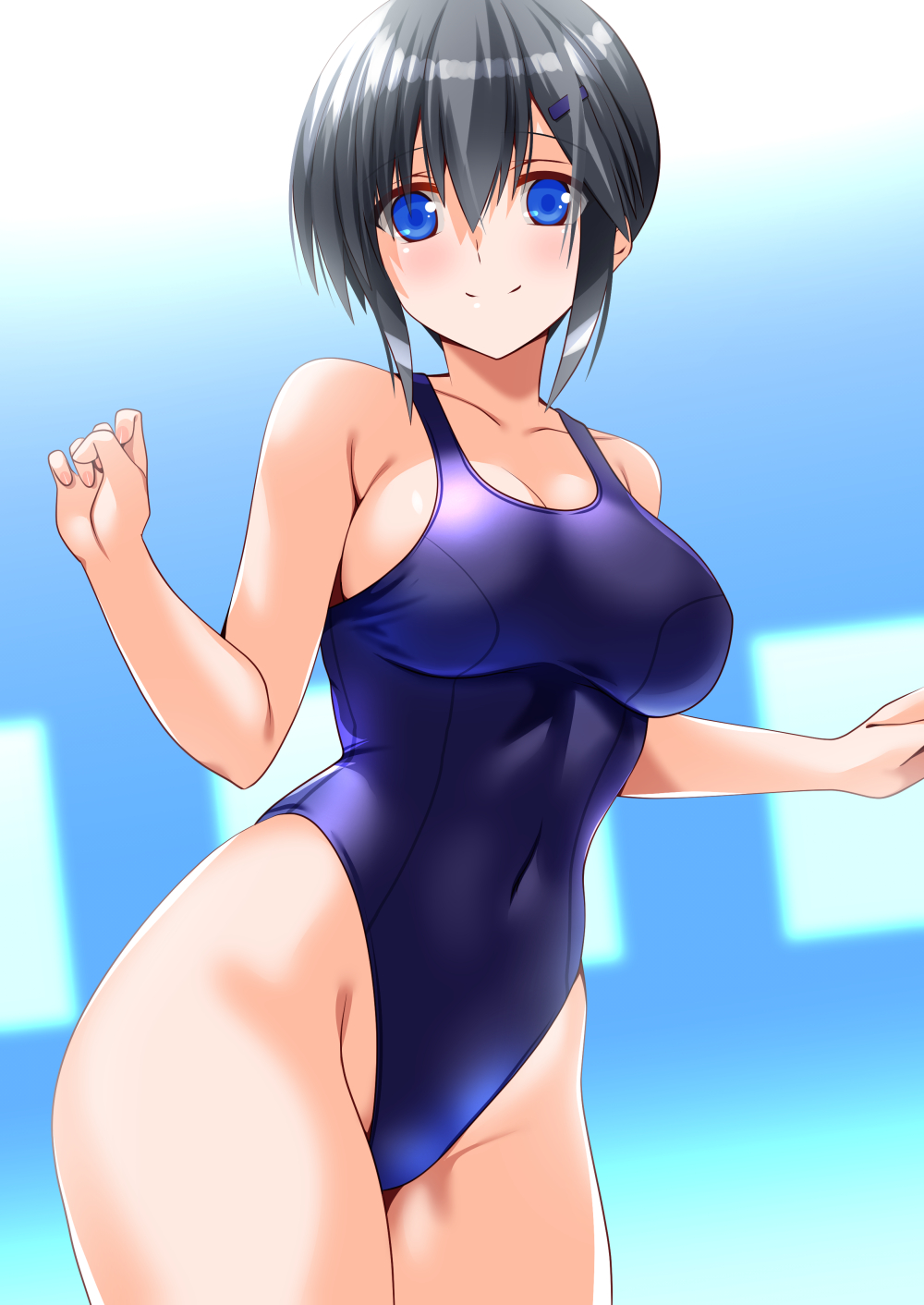 engo (aquawatery), original, commission, highres, pixiv commission, 1girl, bare shoulders, black hair, blue eyes, blush, breasts, competition swimsuit, covered navel, large breasts, looking at viewer, one-piece swimsuit, short hair, smile, solo, swimsuit