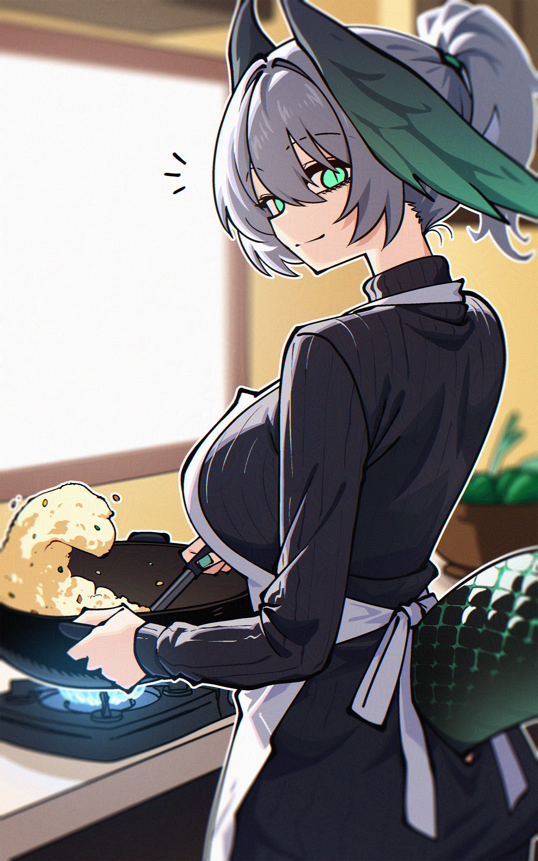 dryegen, ho'olheyak (arknights), arknights, absurdres, highres, 1girl, apron, black sweater, breasts, closed mouth, food, gas, green eyes, green wings, grey hair, head wings, kitchen, large breasts, looking at viewer, ponytail, smile, snake tail, solo, sweater, tail, white apron, wings